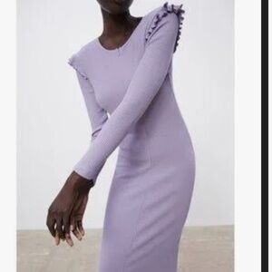 Zara Ruffle NWT ribbed long sleeve midi bodycon dress in lilac